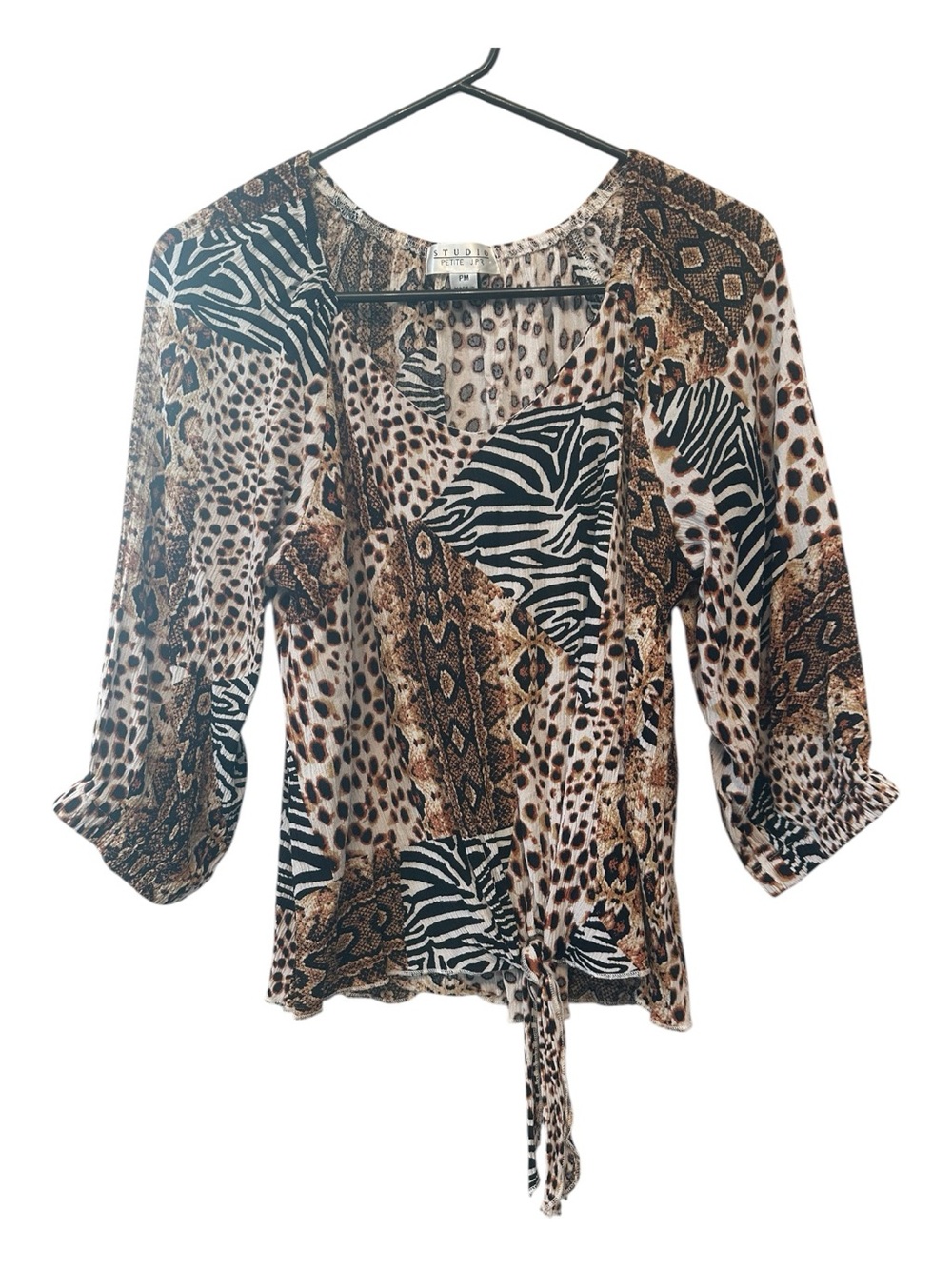Studio Animal Print Tie-Front Blouse in Brown and Black Size Petite Medium